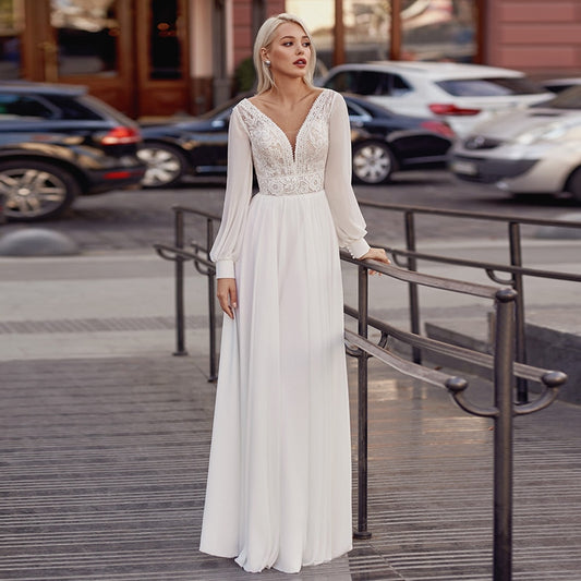 White Chiffon V-Neck A-Line Wedding Dress WD1005