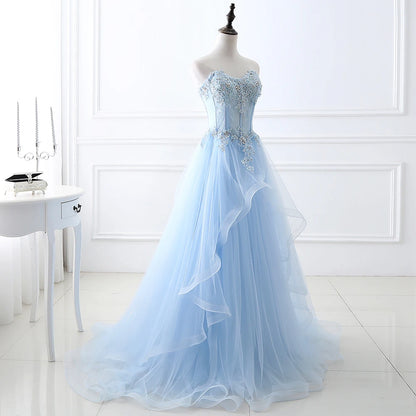 Light Blue Beaded Strapless A-Line Tulle Formal Party Gown