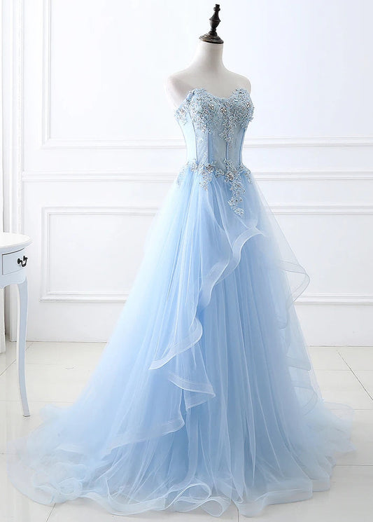 Blue Beaded Strapless A-Line Tulle Formal Gown