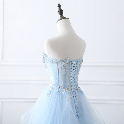 Light Blue Beaded Strapless A-Line Tulle Formal Party Gown