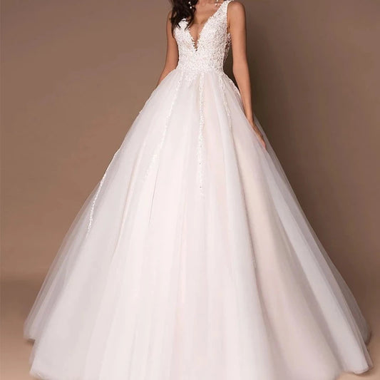 Tulle Bridal V Neck Beaded Ball Gown Wedding Dress