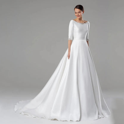 Beaded Neckline Half Sleeves Satin A Line Wedding Dress