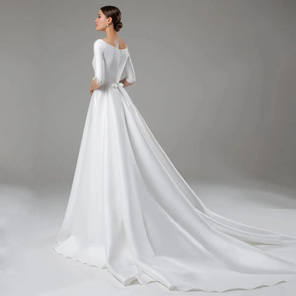 Beaded Neckline Half Sleeves Satin A Line Wedding Dress