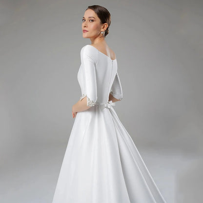 Beaded Neckline Half Sleeves Satin A Line Wedding Dress