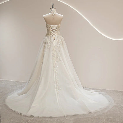 Halter Neckline Ivory Vintage Bride Wedding Gown