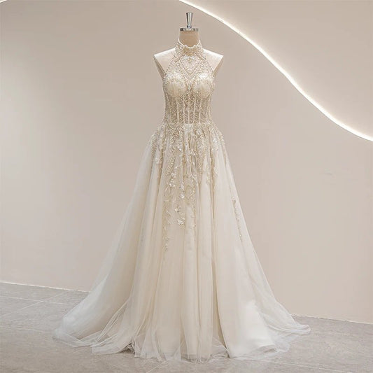 Halter Neckline Ivory Vintage Bride Wedding Gown
