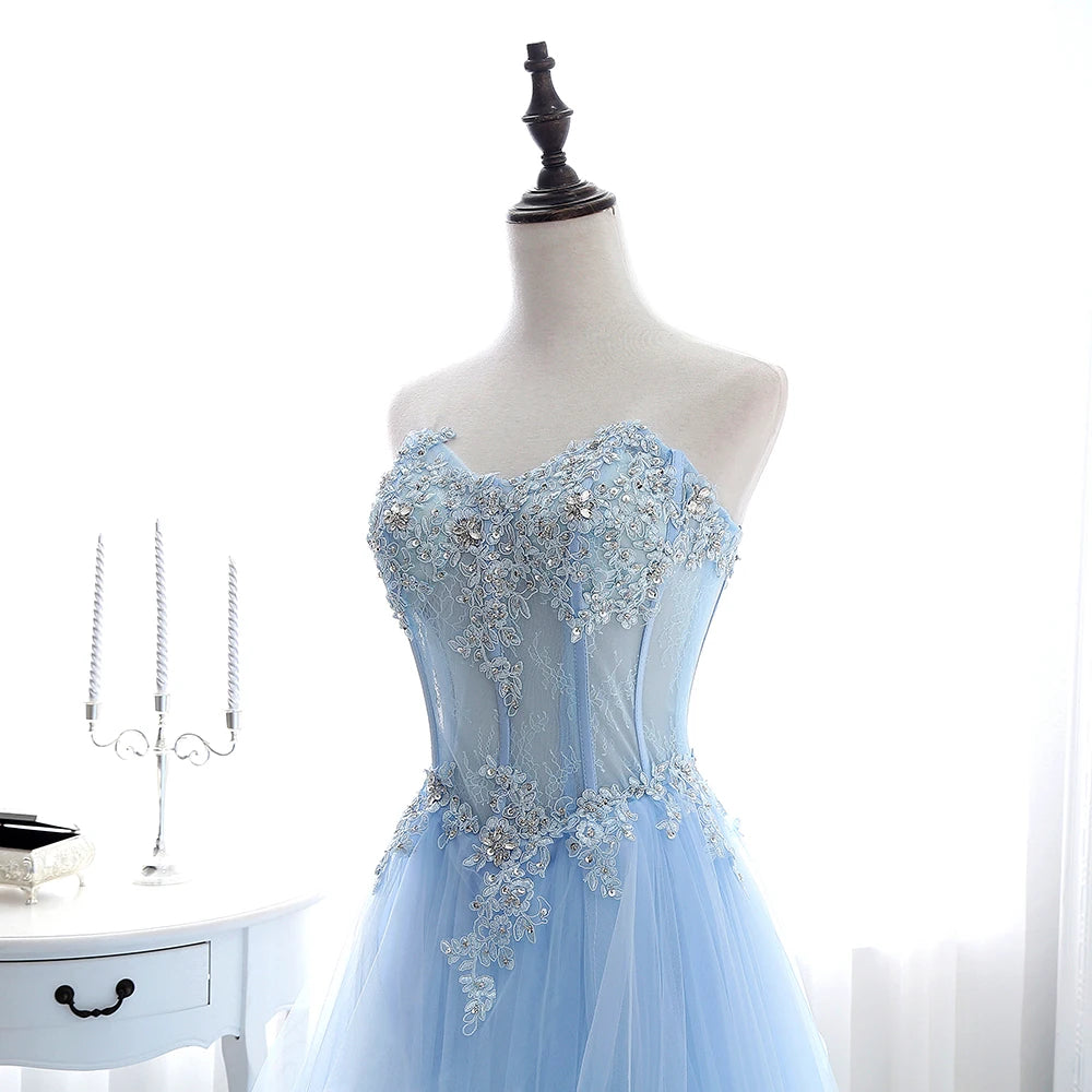 Light Blue Beaded Strapless A-Line Tulle Formal Party Gown