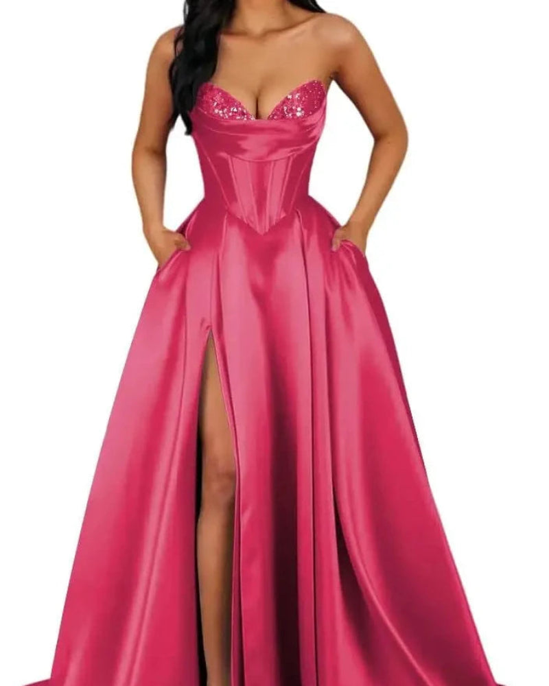 Hot pink strapless A-line satin dress with sequin bust and thigh-high slit