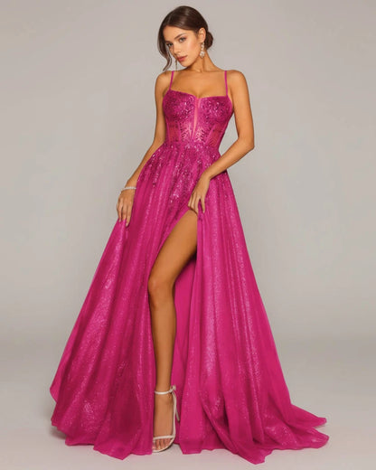 Fuchsia A-line formal dress with glitter bodice, sheer tulle skirt and front side slit