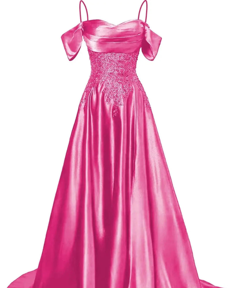 Pink satin A-line floor-length dress with beaded bodice and off-shoulder draped sleeves