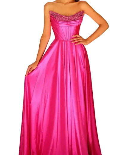Fuchsia strapless satin A-line evening gown with beaded sweetheart neckline