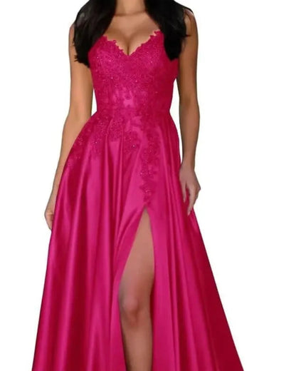 Hot pink satin evening dress with lace V-neck, spaghetti straps, A-line skirt, thigh slit