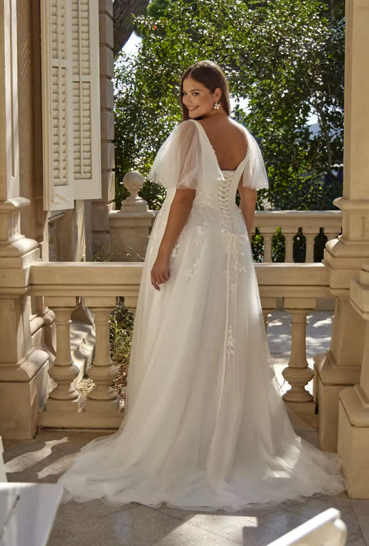 Detachable Tulle Sleeves V Neck Sequined Bridal Gown