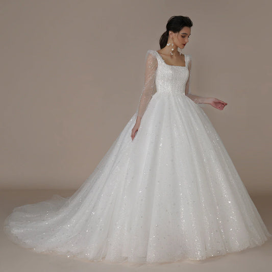 Ivory Beaded Glitter Long Sleeves Princess Wedding Dress