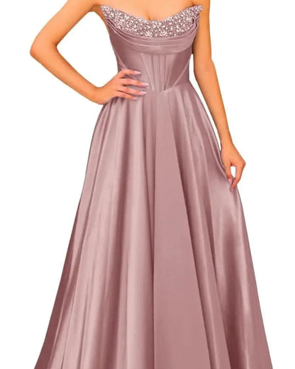 Mauve strapless satin A-line evening gown with beaded sweetheart neckline