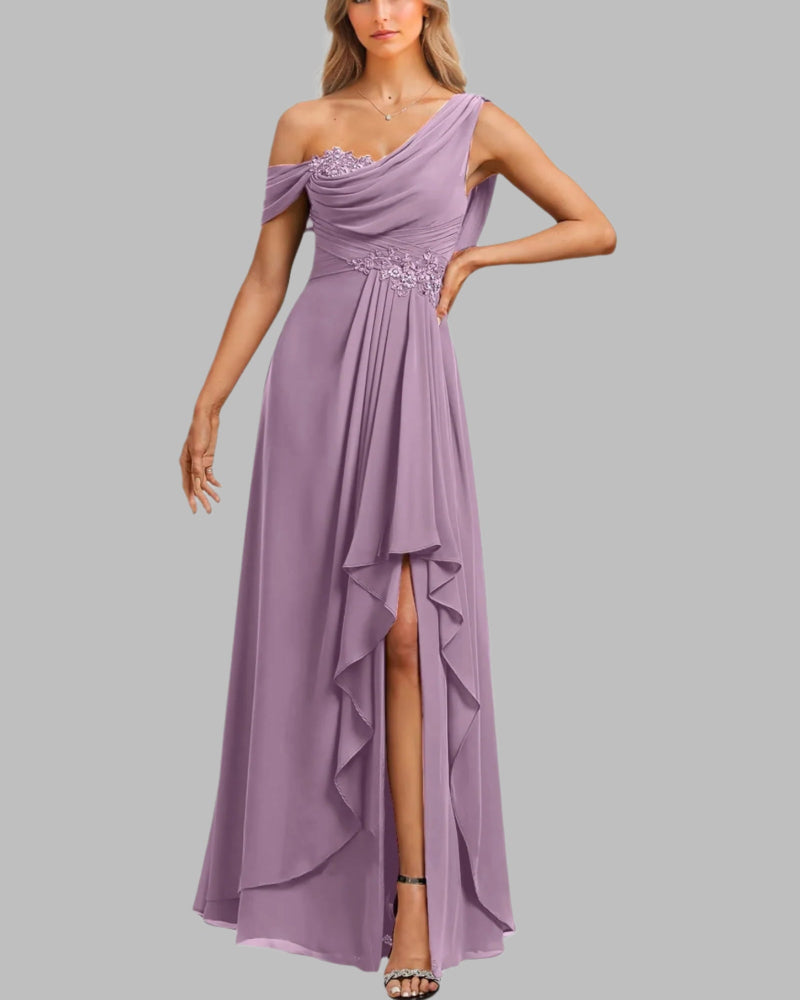 Purple one-shoulder chiffon A-line dress with jeweled bodice details and asymmetric ruffle panel