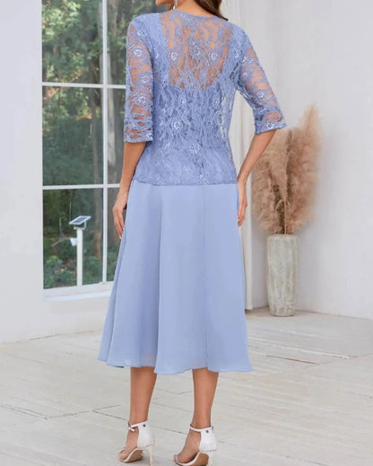 Light blue two-piece dress set with lace overlay top and A-line chiffon midi skirt, back view