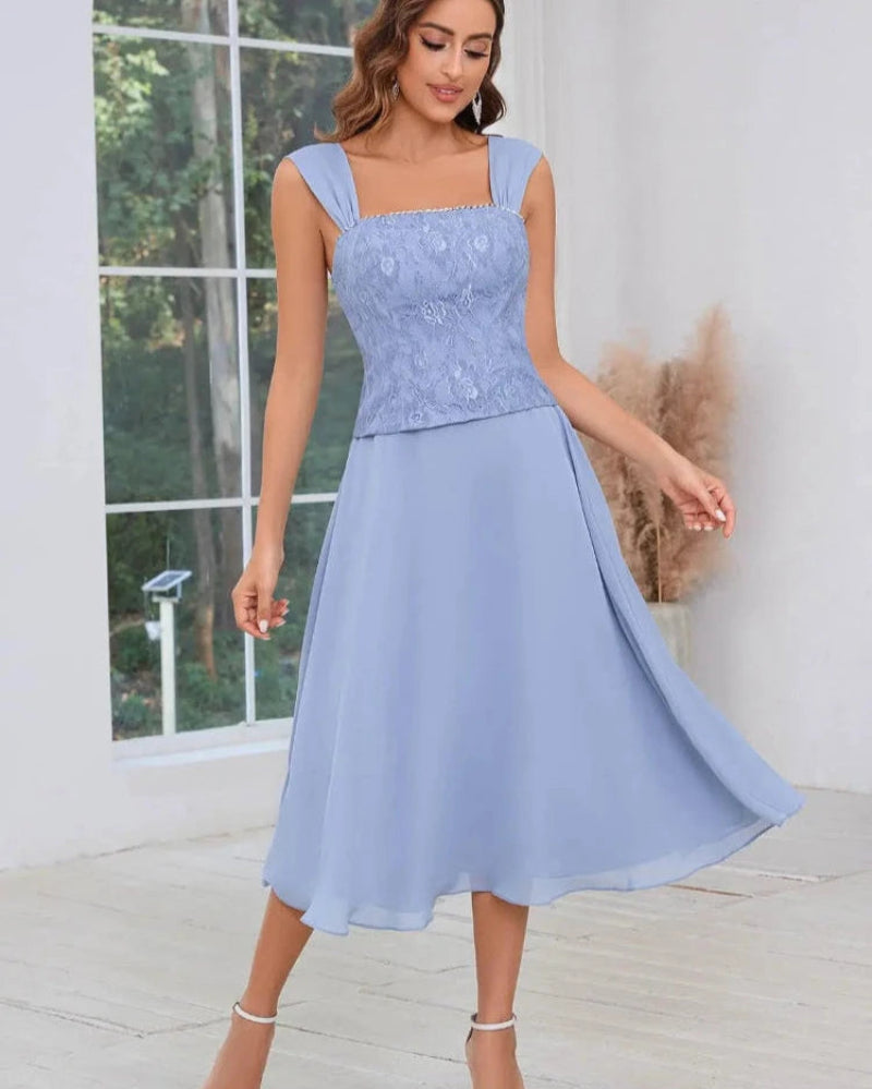 Light blue two-piece dress set with lace overlay top and A-line chiffon midi skirt, side view