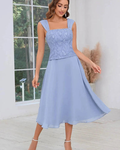 Light blue two-piece dress set with lace overlay top and A-line chiffon midi skirt, side view