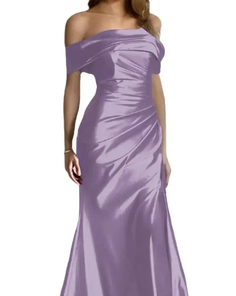 Lavender off-shoulder satin mermaid formal dress with draped neckline and long fitted skirt