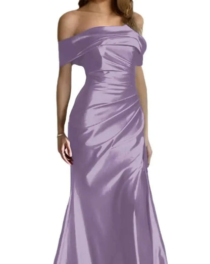 Lavender off-shoulder satin mermaid formal dress with draped neckline and long fitted skirt