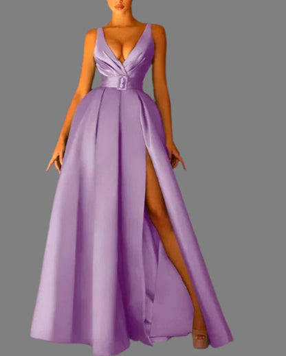 Lavender satin v-neck evening gown with belted waist and side leg slit