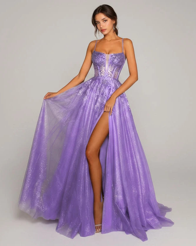 Purple A-line formal dress with glitter corset bodice, sheer skirt panels, side slit