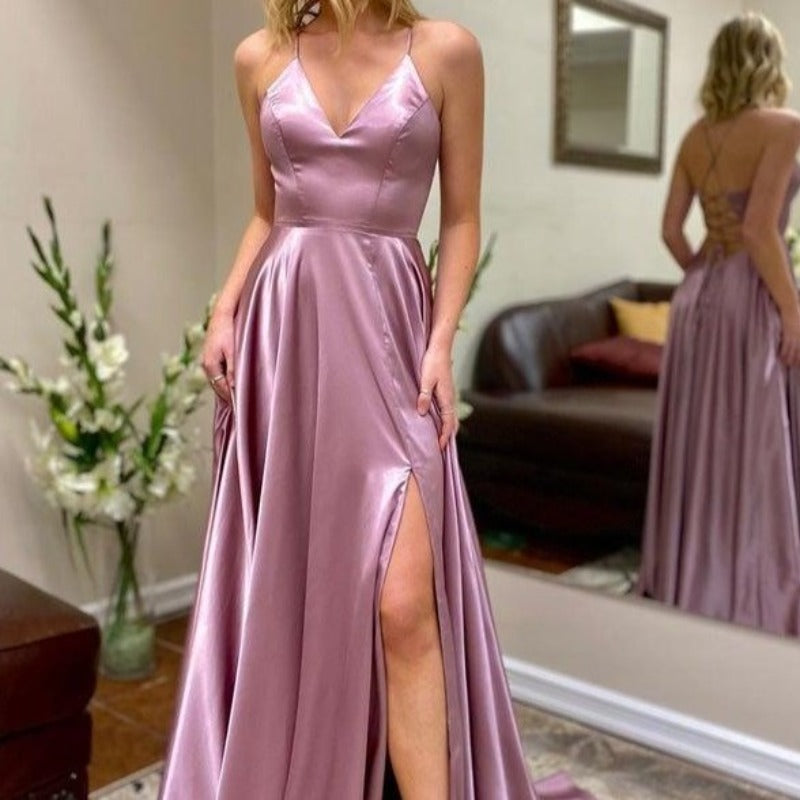 lilac strappy v-neck satin gown with split-formal elegance