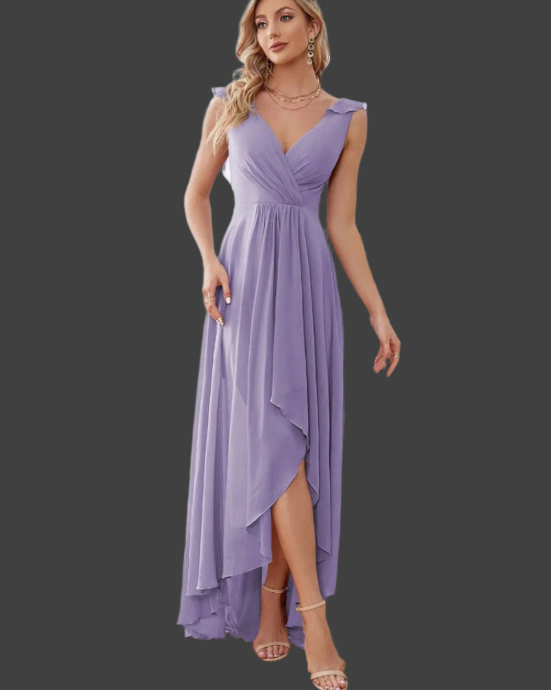Light purple A-line high-low chiffon dress with V-neck and draped, asymmetrical hem