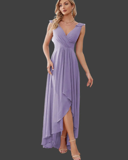 Light purple A-line high-low chiffon dress with V-neck and draped, asymmetrical hem