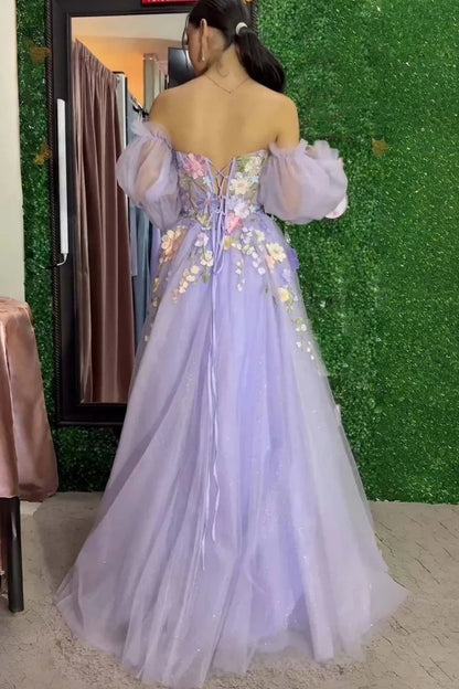 Lilac Strapless Puffy Sleeves Tulle Flowers Formal Dress