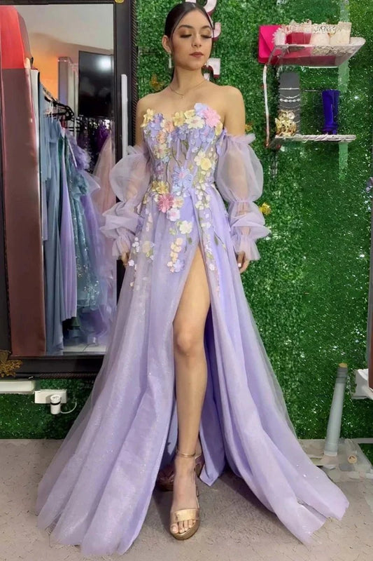 Lilac Strapless Puffy Sleeves Tulle Flowers Formal Dress