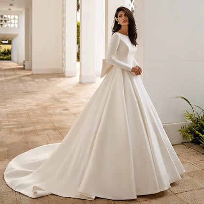 Modern Satin Ivory White Long Sleeves Wedding Dress