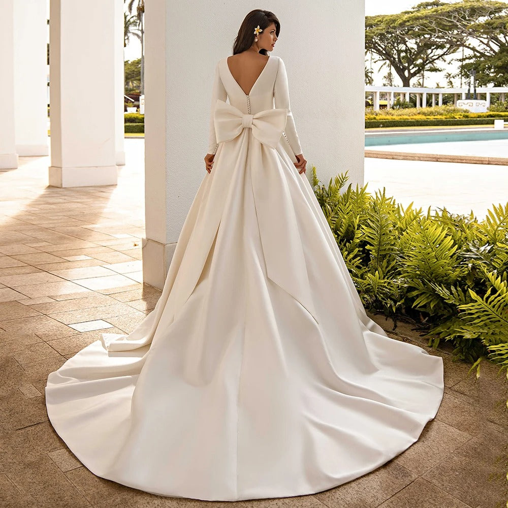 Modern Satin Ivory White Long Sleeves Wedding Dress