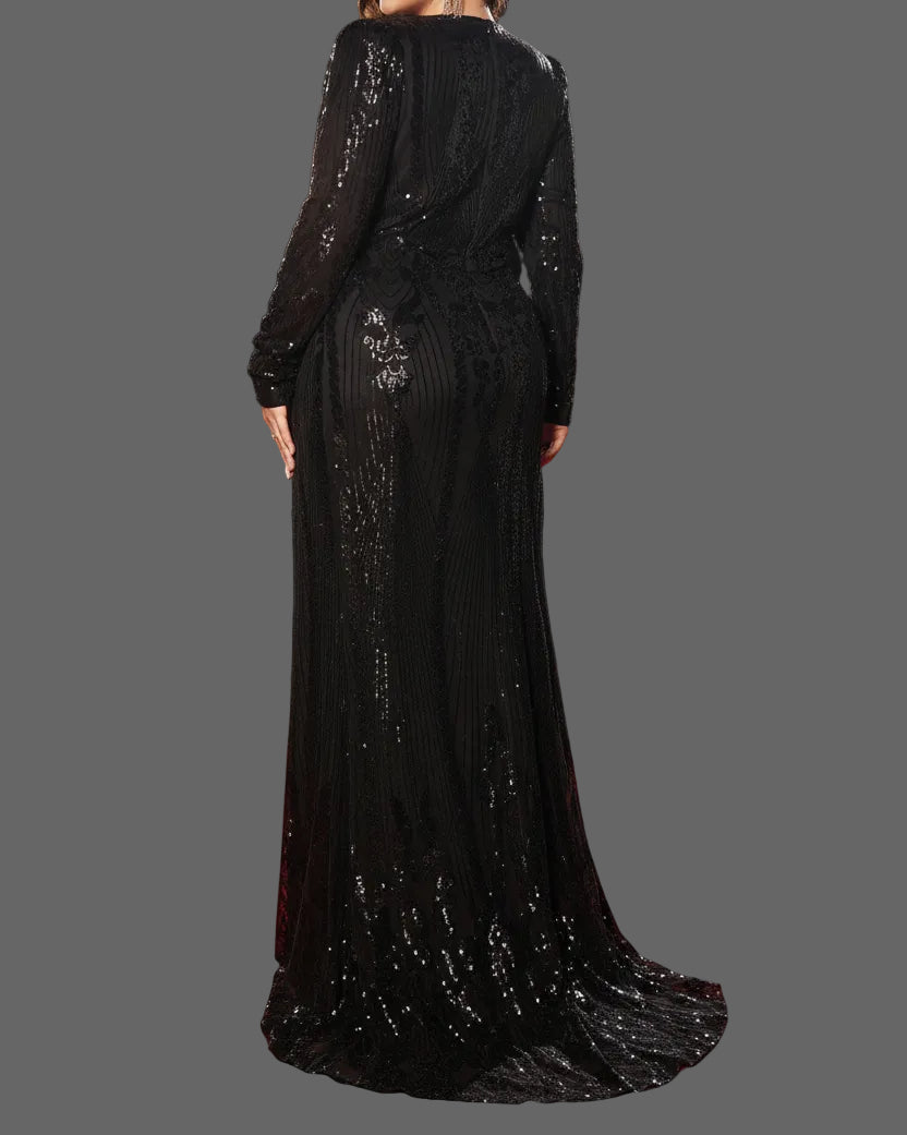 Luxury Plus Size Sequin Mermaid Evening Gown | Long Sleeve Maxi