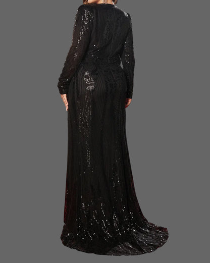 Luxury Plus Size Sequin Mermaid Evening Gown | Long Sleeve Maxi