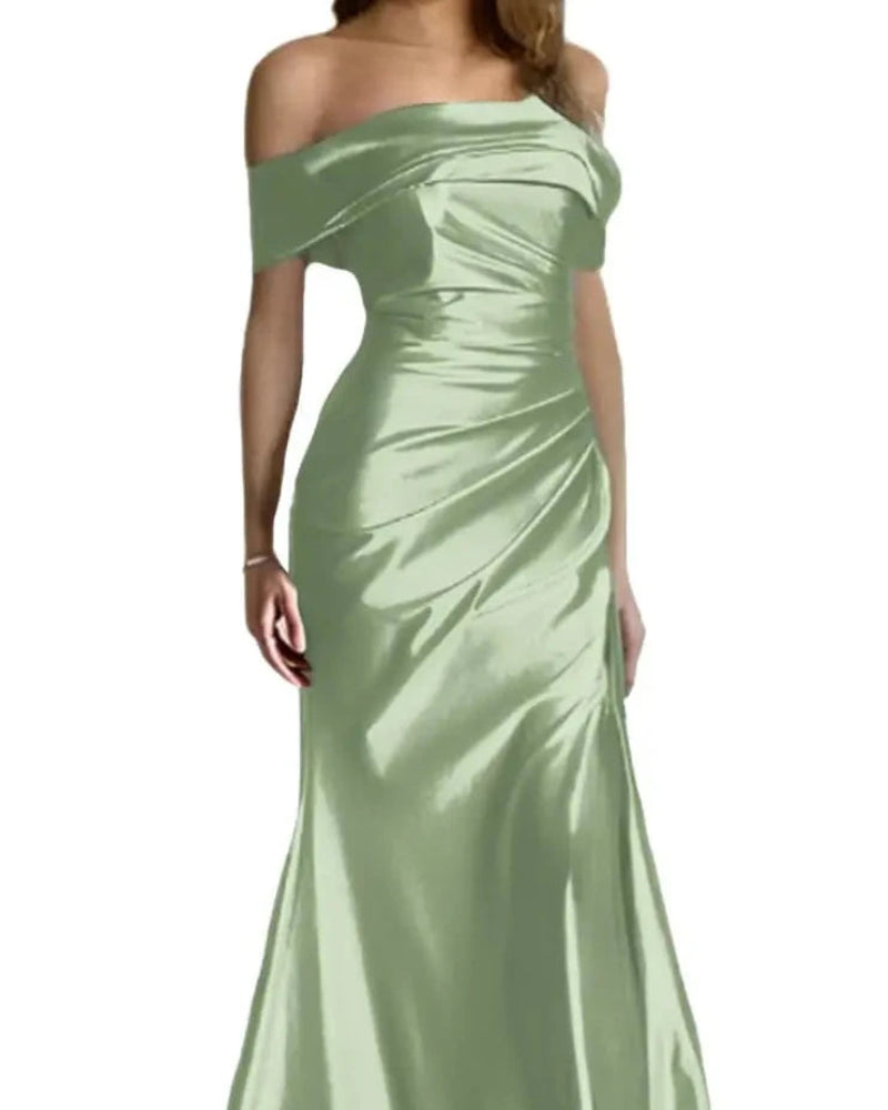 Sage green satin mermaid off-shoulder formal dress with ruched bodice and flared skirt