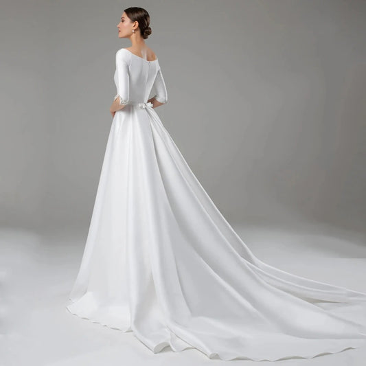 Ivory satin a-line wedding dress with beading and half length sleeves-Formal Elegance