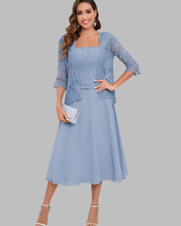 Light blue two-piece chiffon dress with lace-textured top and knee-length skirt