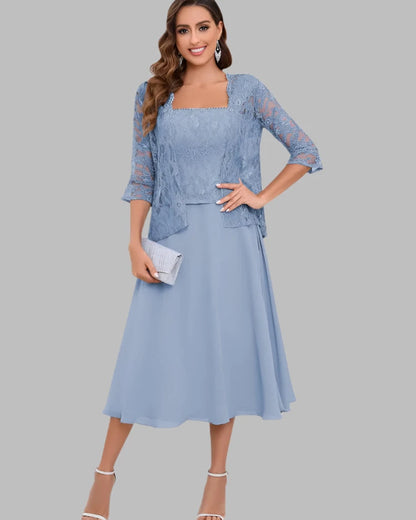 Light blue two-piece chiffon dress with lace-textured top and knee-length skirt