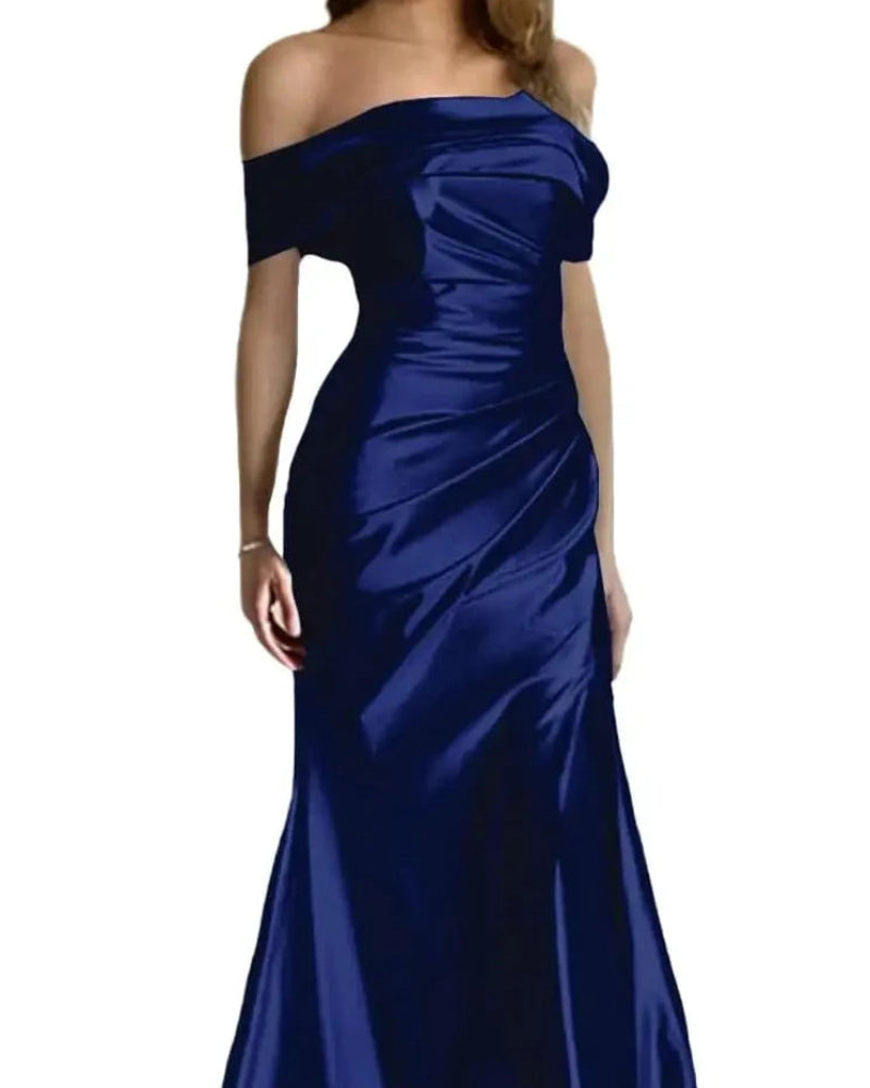 Navy satin mermaid off-shoulder formal dress with ruched bodice and fluted mermaid hem