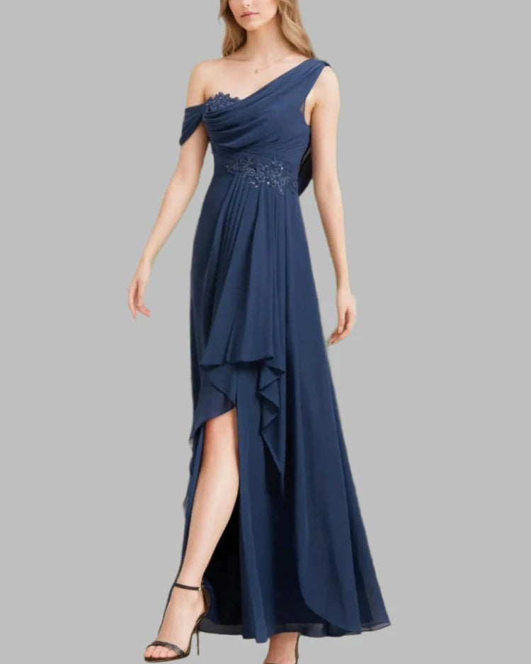 Navy chiffon one-shoulder A-line dress with draped neckline, beaded waist, and side slit