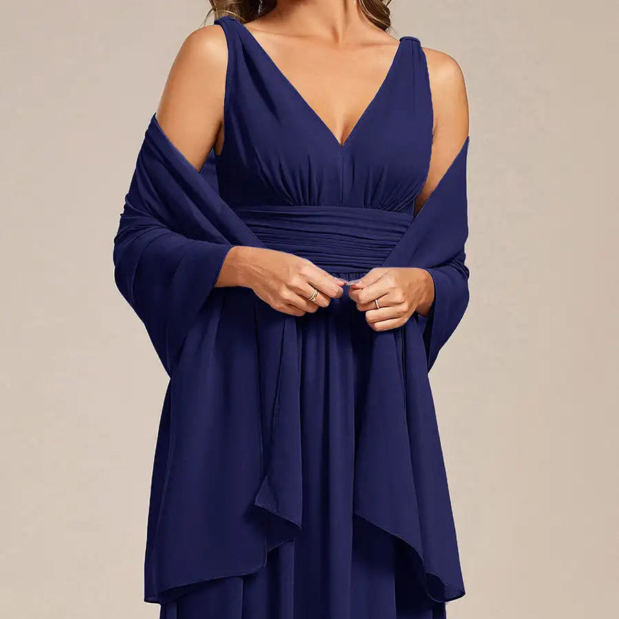 Chiffon shoulder wrap evening shawl in navy blue with draped long sleeves