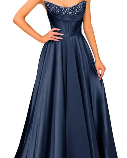 Navy strapless beaded satin A-line evening gown with sparkling neckline trim