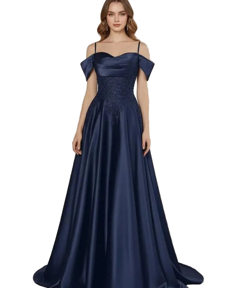 Navy satin A-line floor-length dress with beaded bodice and off-shoulder sleeves