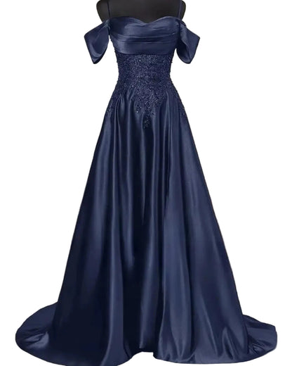 Navy satin A-line floor-length dress with beaded back and off-shoulder draped sleeve