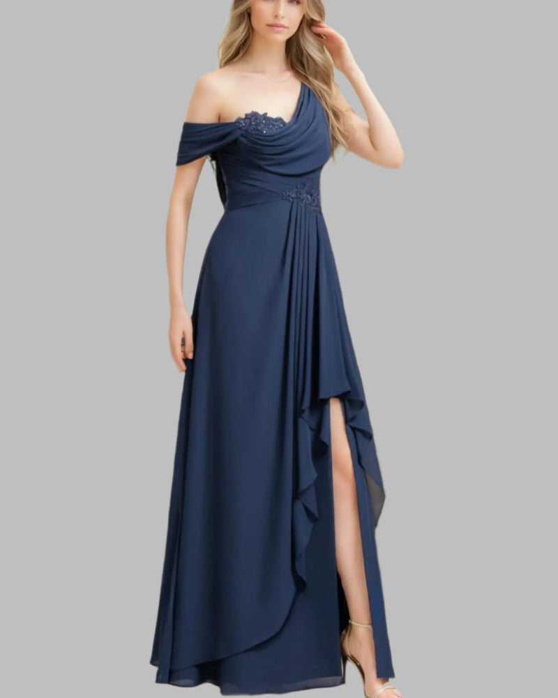 Navy one-shoulder chiffon A-line dress with draped neckline, beaded waist, and layered skirt