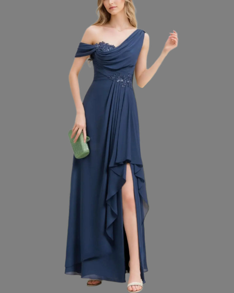 Navy one-shoulder chiffon A-line dress with embellished neckline and asymmetrical ruffle overlay