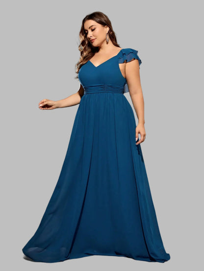 Blue A-line V-neck chiffon dress with ruffled sleeves and long pleated skirt