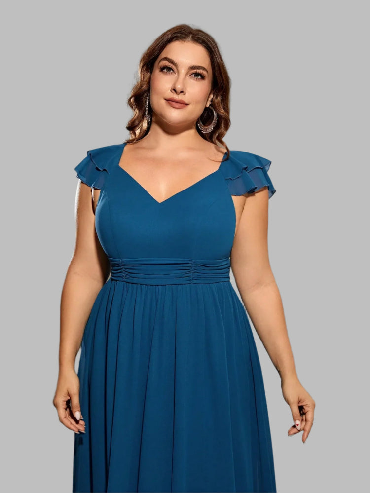 Blue A-line V-neck chiffon dress with ruffled cap sleeves and ruched waist